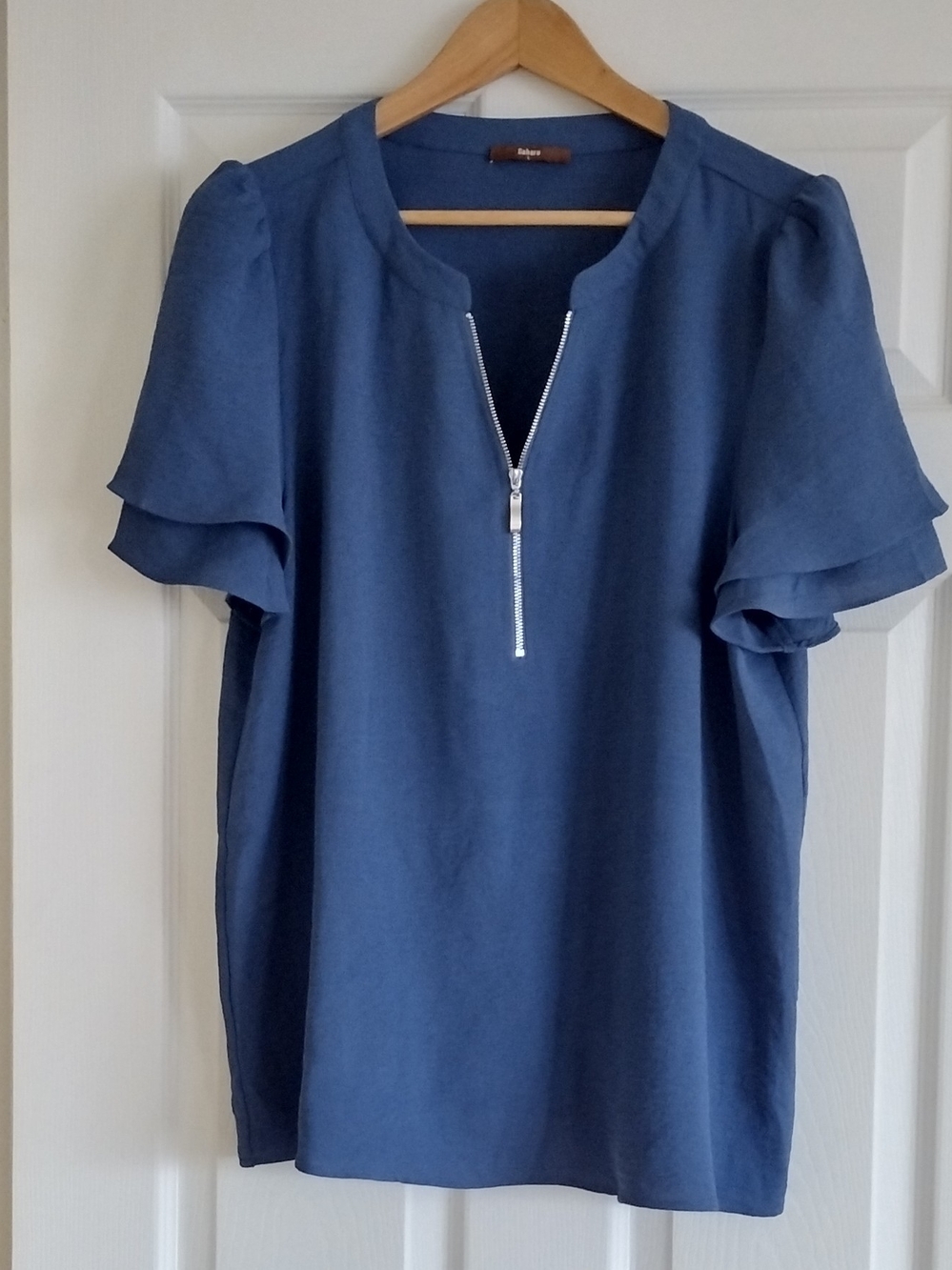 Blue Zip-Front Ruffle Sleeve Women's Top